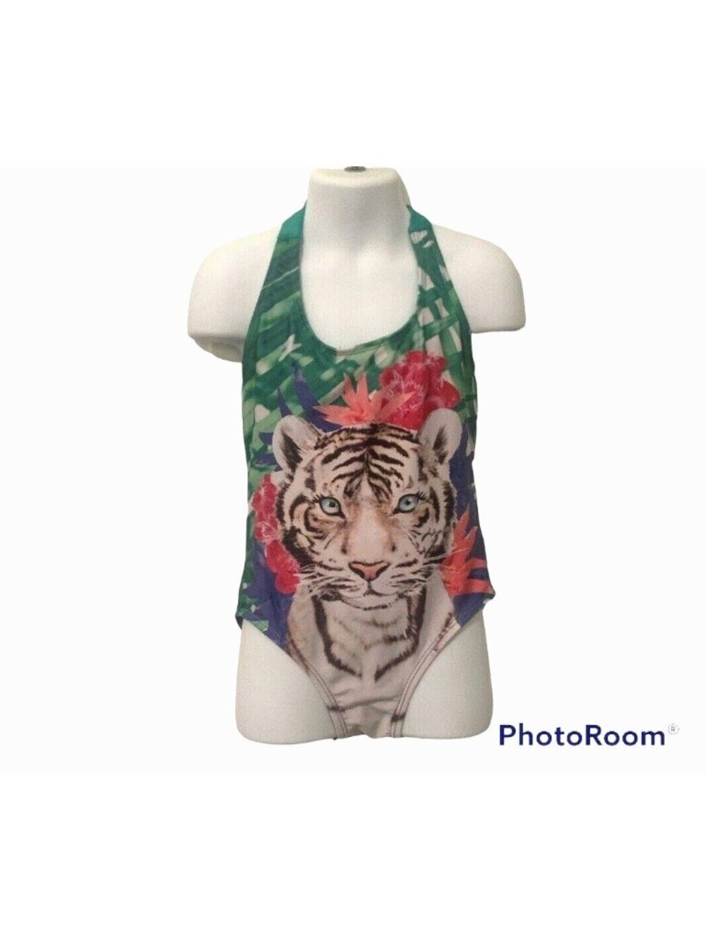 Gymboree Girls One Piece Halter Swimsuit Size S 5-6 Floral Kitten Face